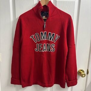Vintage Tommy Jeans 1/4 Zip Sweater Men’s Medium Y2K Red Pullover Spellout Knit
